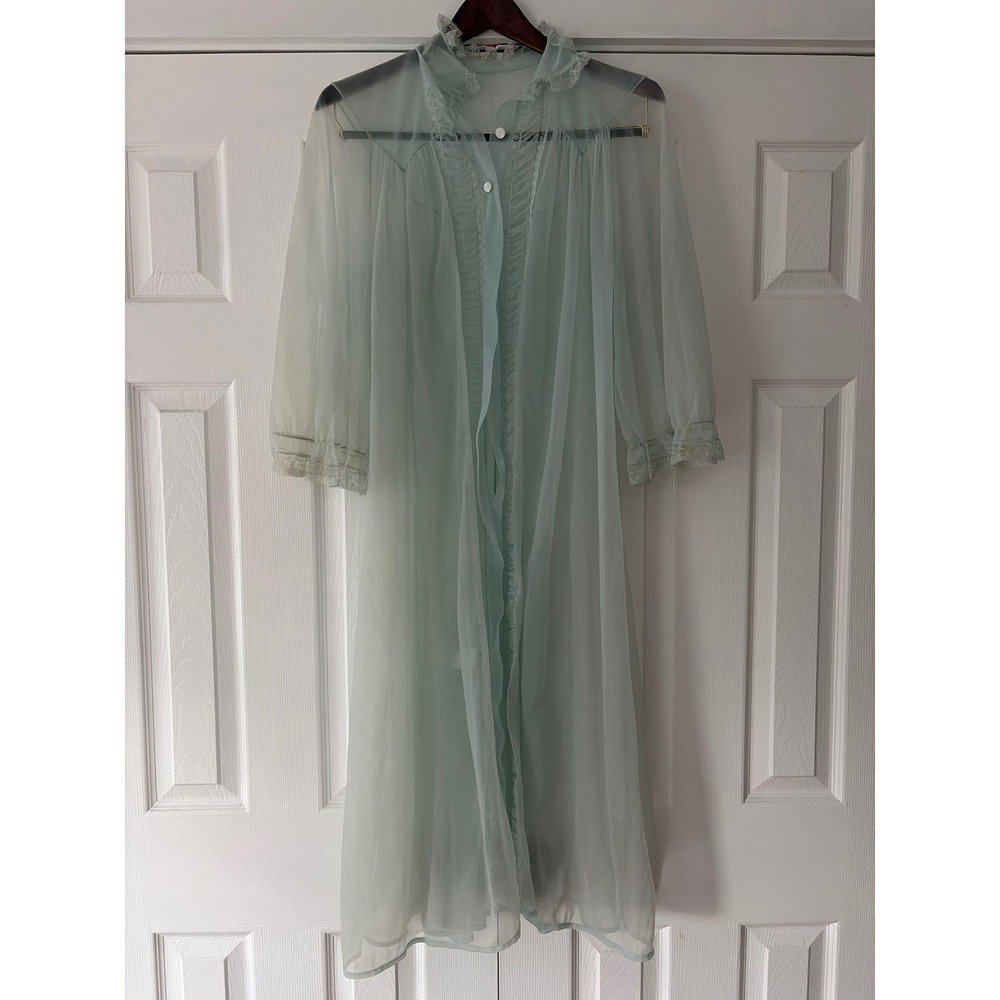 Vintage Luxite by Holeproof Blue Sheer Nylon Lace Trim Peignoir Robe Size 34